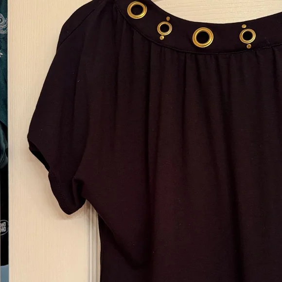 INC brand Black Short Sleeve Top with Gold Eyelet V-Neckline. Size Small - Picture 9 of 12